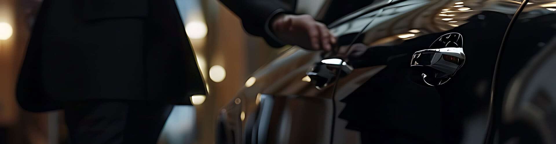 Driver approaching to open the rear door of a black car.