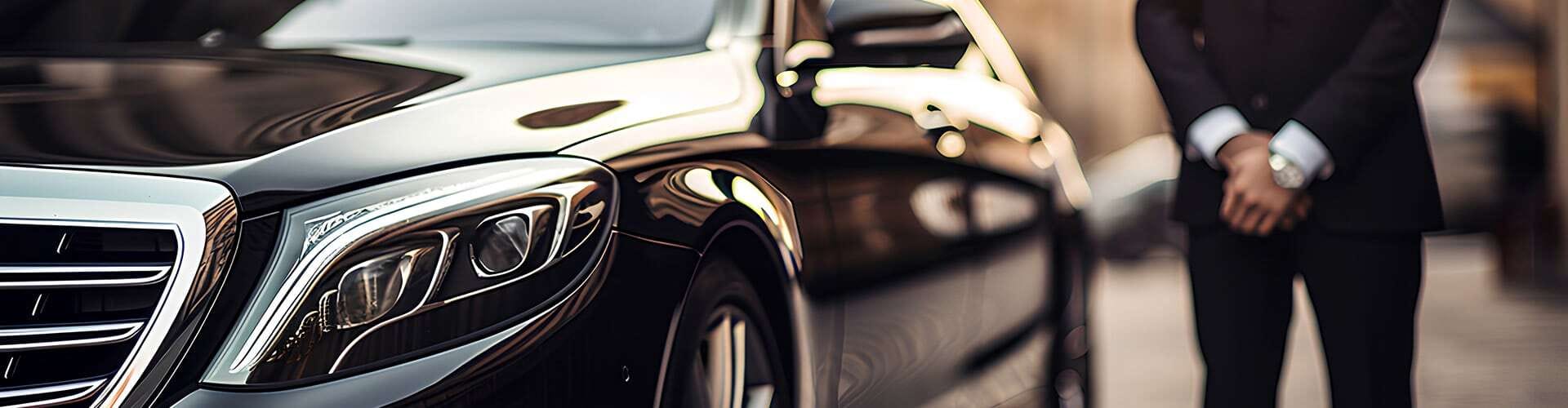 Foto di un autista in piedi accanto a una vettura di rappresentanza nera