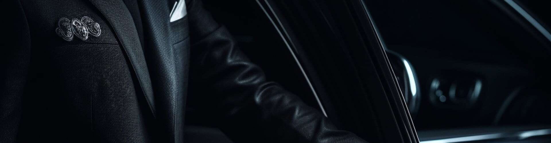 Foto di un uomo elegante di fronte a una vettura di lusso nera