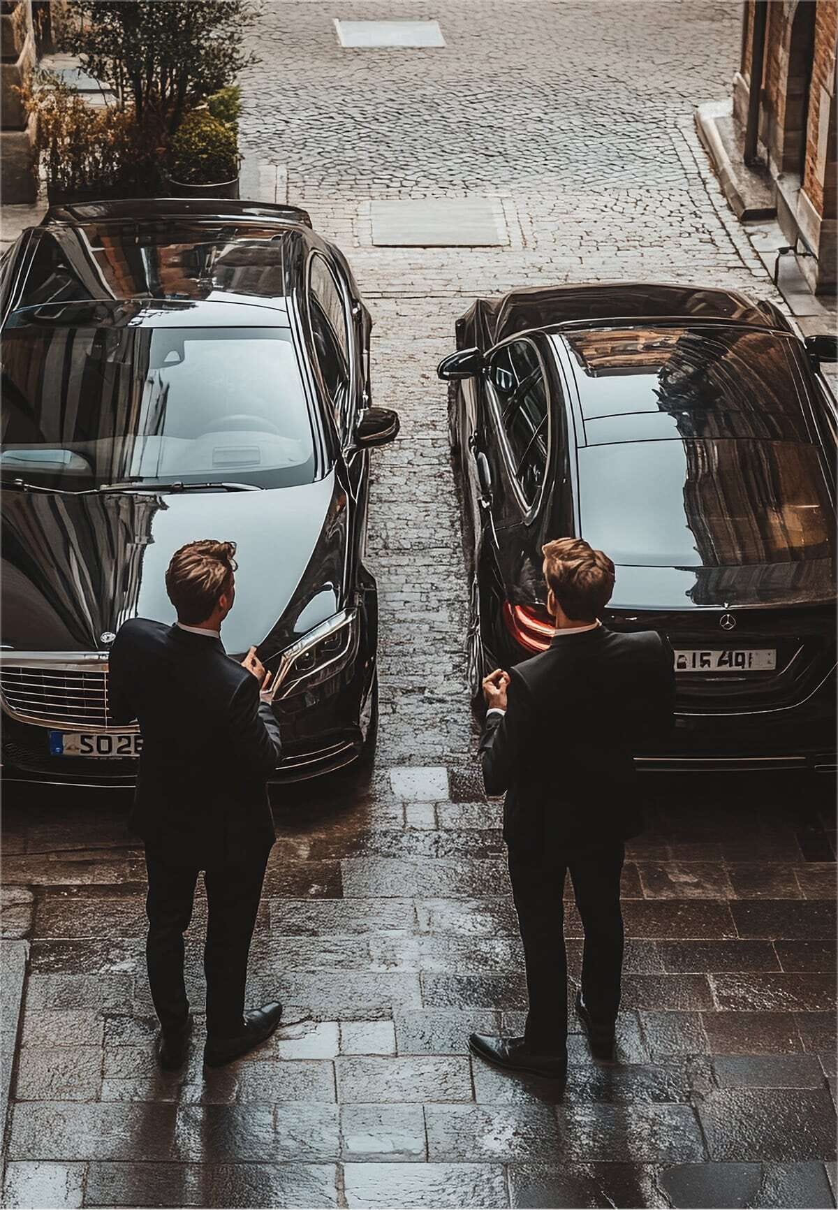 Foto di due uomini eleganti che osservano due vetture executive nere parcheggiate una di fianco all'altra